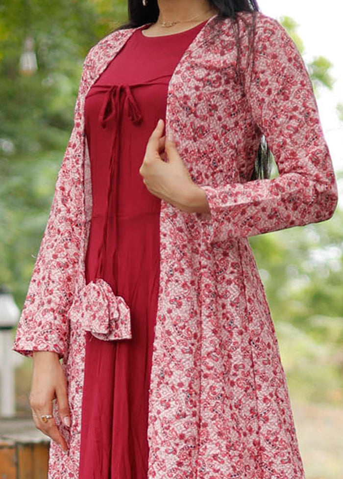 Maroon Readymade Rayon Gown With Shrug