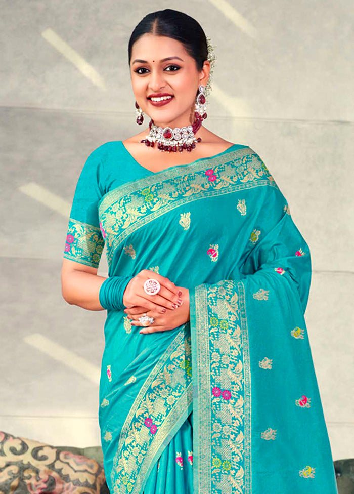 Blue Dupion Silk Saree With Blouse Piece