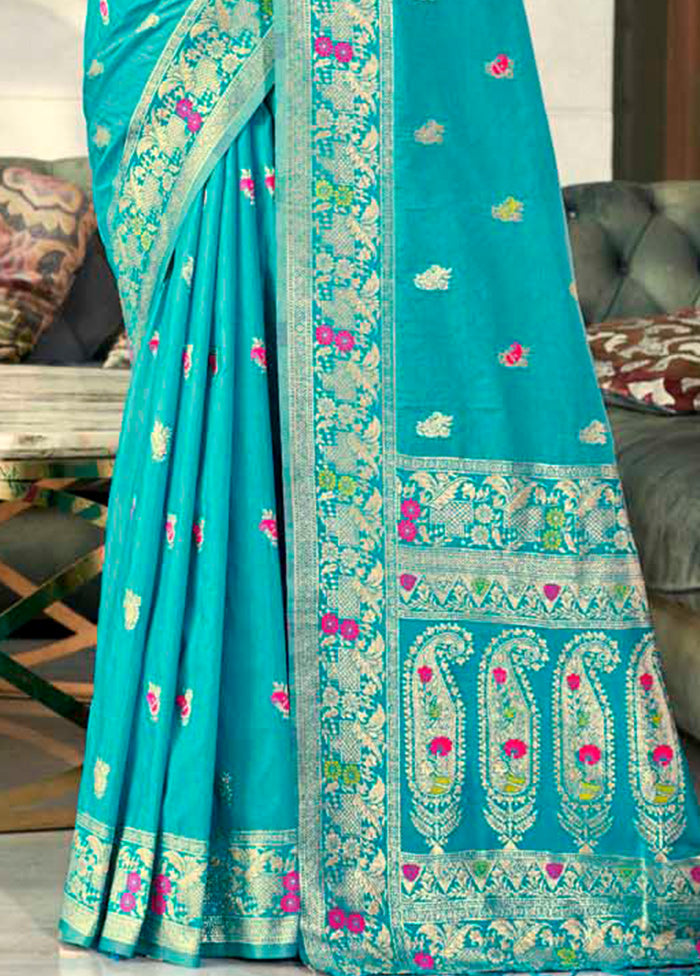 Blue Dupion Silk Saree With Blouse Piece