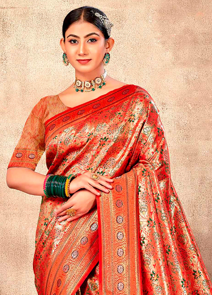 Red Dupion Silk Saree With Blouse Piece