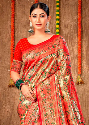 Red Dupion Silk Saree With Blouse Piece