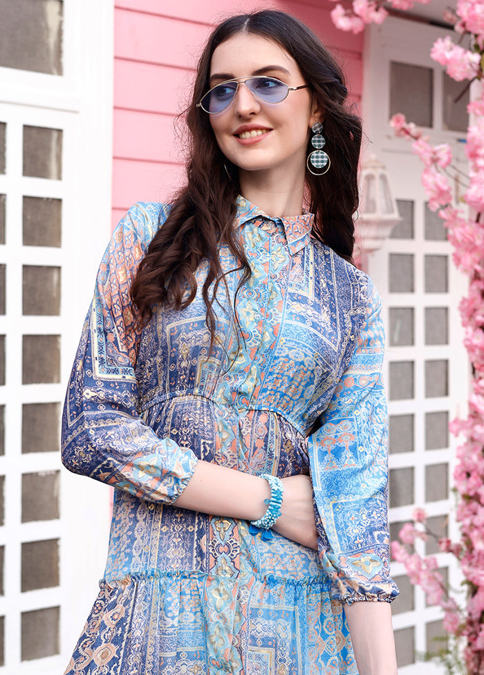 Light Blue Readymade Silk Long Kurti