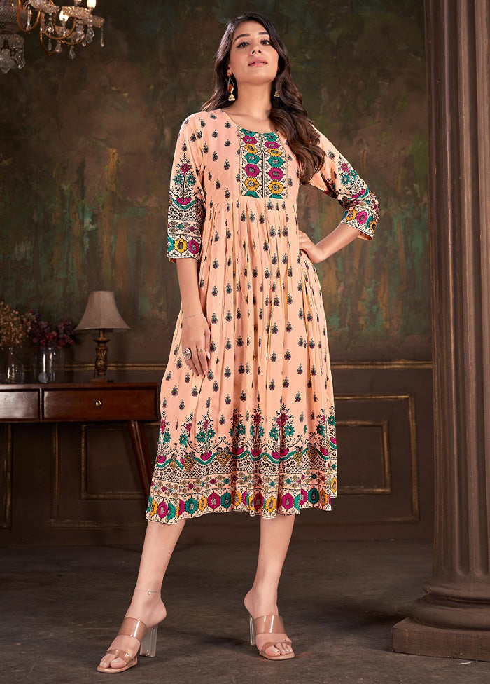 Beige Readymade Cotton Long Kurti