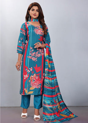 3 Pc Blue Readymade Silk Suit Set - Indian Silk House Agencies