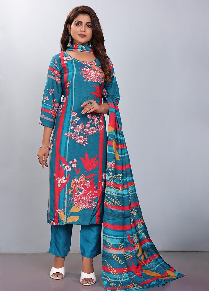 3 Pc Blue Readymade Silk Suit Set - Indian Silk House Agencies