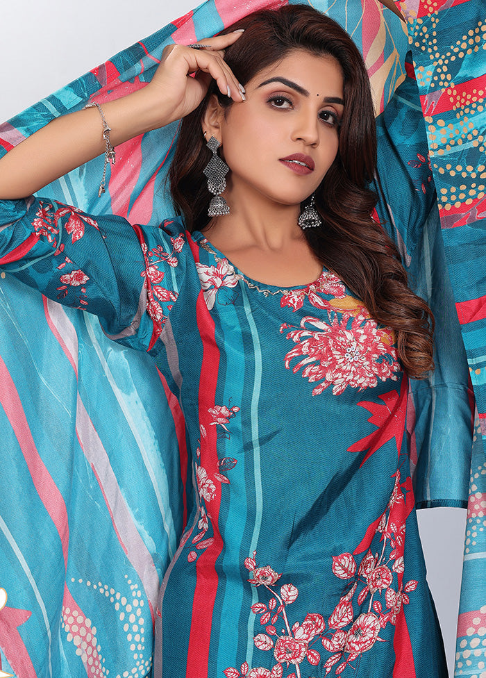 3 Pc Blue Readymade Silk Suit Set - Indian Silk House Agencies