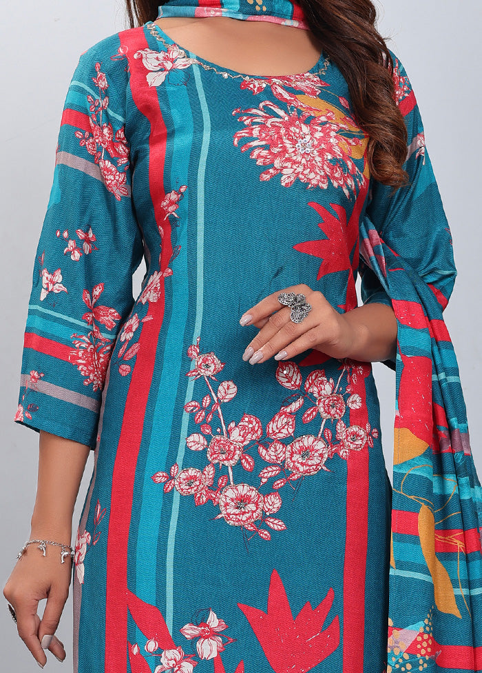 3 Pc Blue Readymade Silk Suit Set - Indian Silk House Agencies