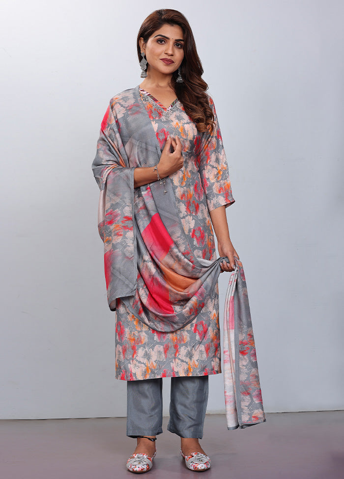 3 Pc Grey Readymade Silk Suit Set