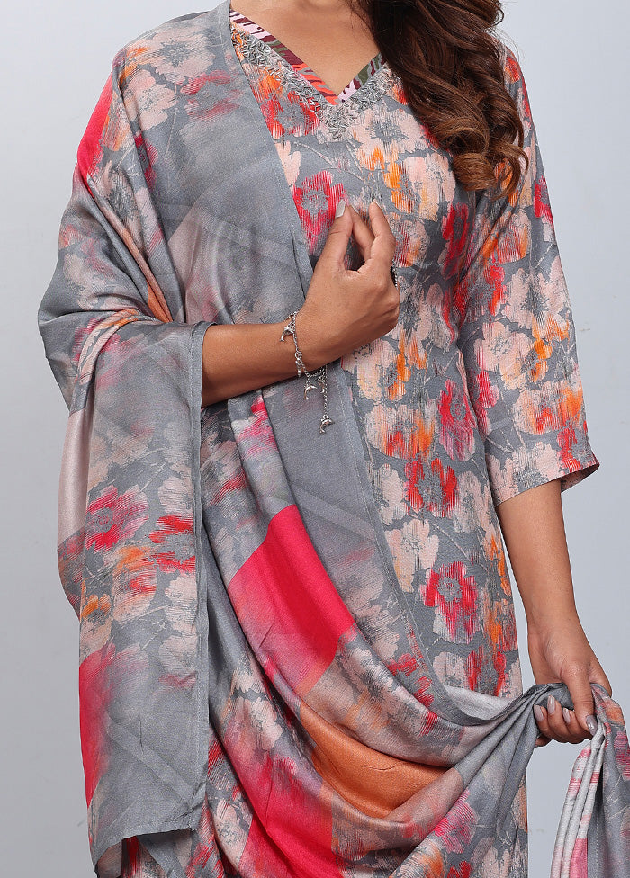 3 Pc Grey Readymade Silk Suit Set - Indian Silk House Agencies