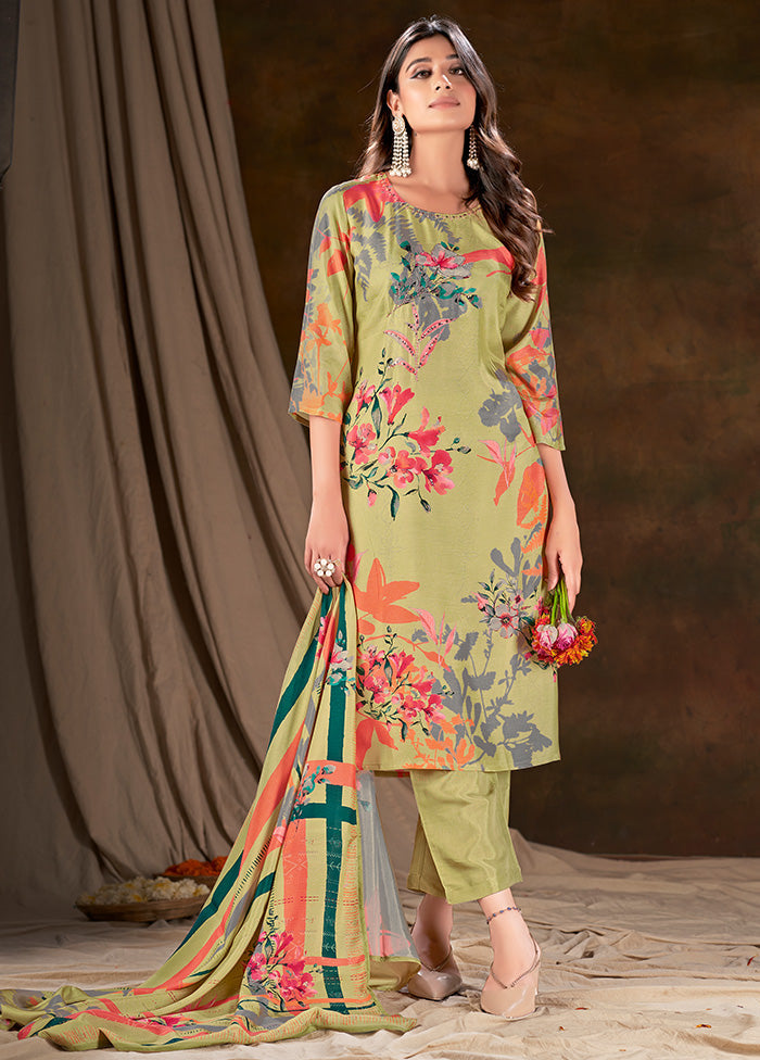 3 Pc Green Readymade Silk Suit Set