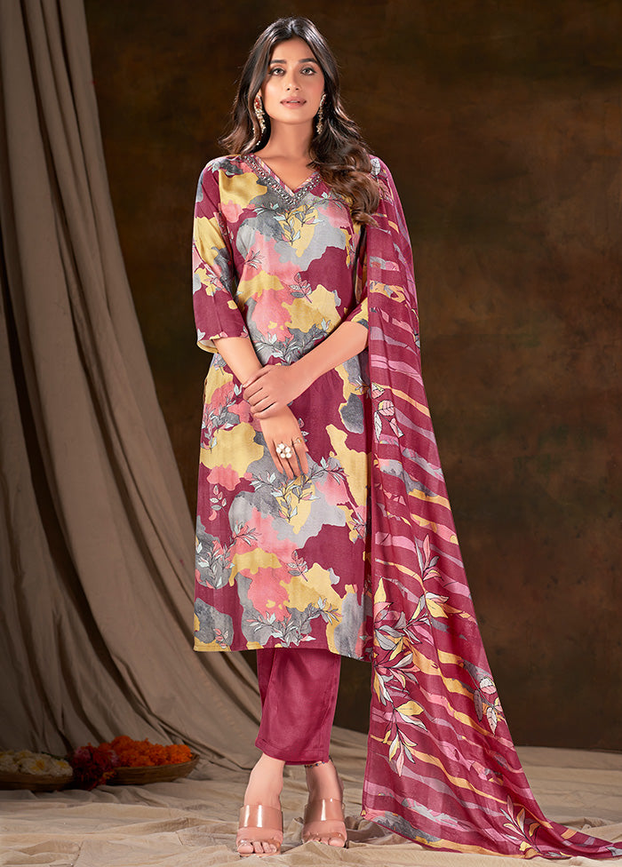 3 Pc Wine Readymade Silk Suit Set