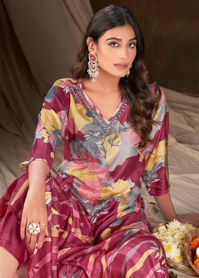 3 Pc Wine Readymade Silk Suit Set