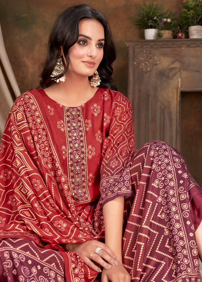 3 Pc Red Readymade Silk Suit Set