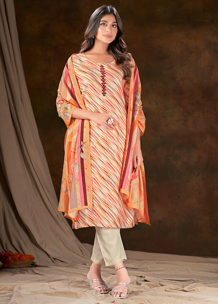 3 Pc Cream Readymade Silk Suit Set - Indian Silk House Agencies
