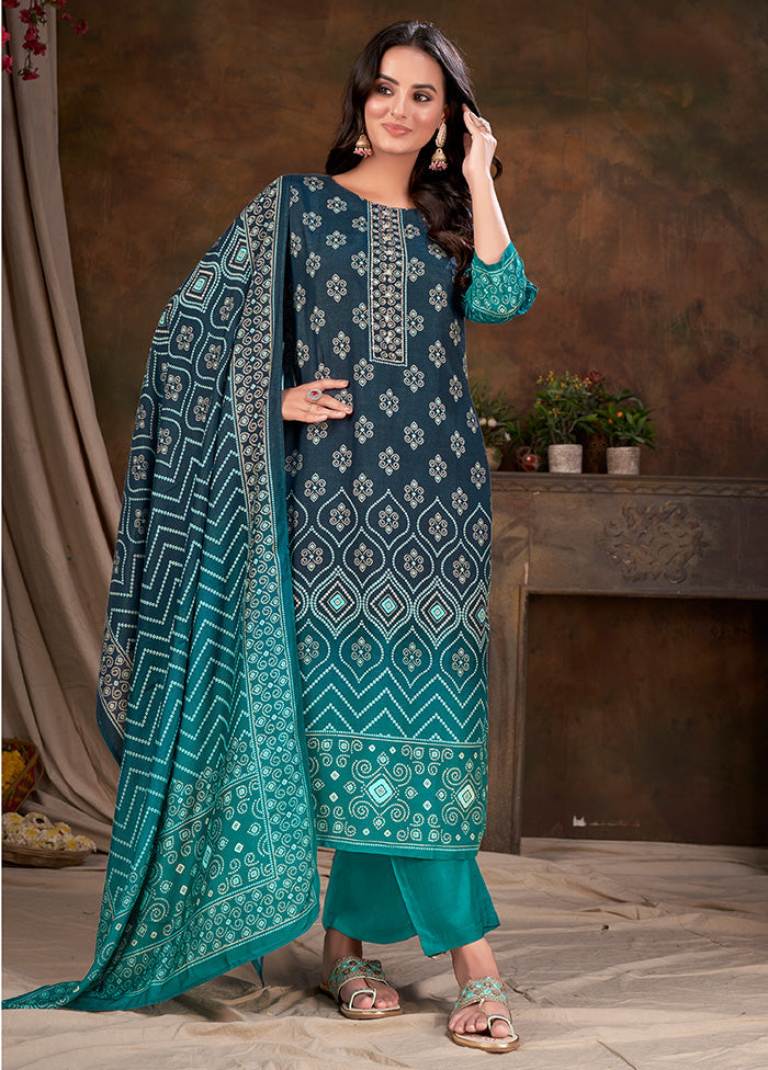 3 Pc Teal Blue Readymade Silk Suit Set - Indian Silk House Agencies