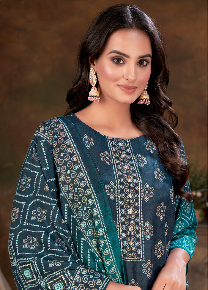 3 Pc Teal Blue Readymade Silk Suit Set - Indian Silk House Agencies