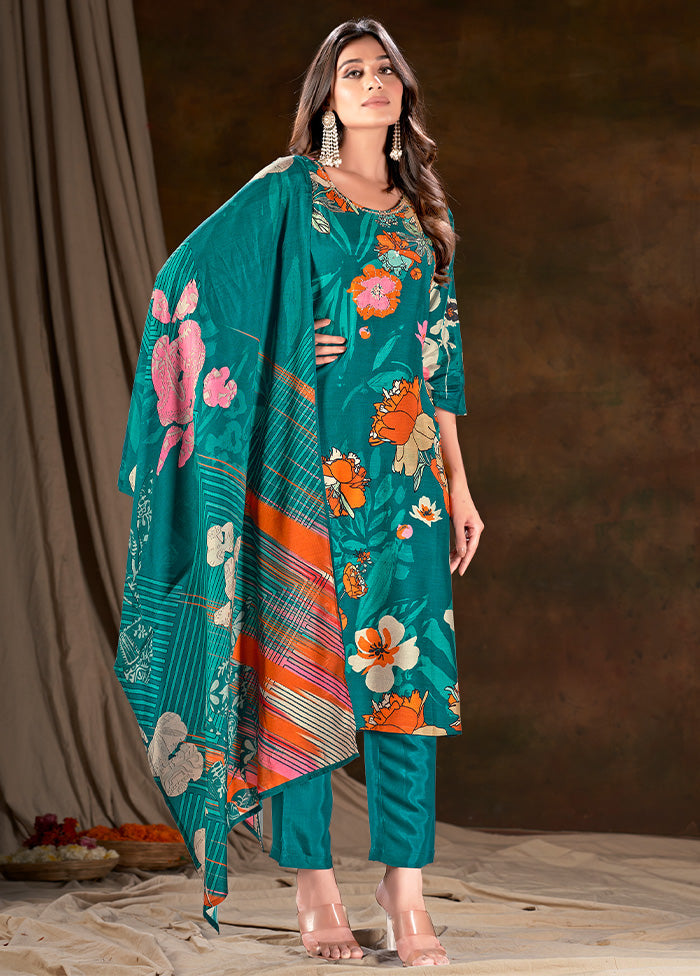 3 Pc Blue Readymade Silk Suit Set - Indian Silk House Agencies