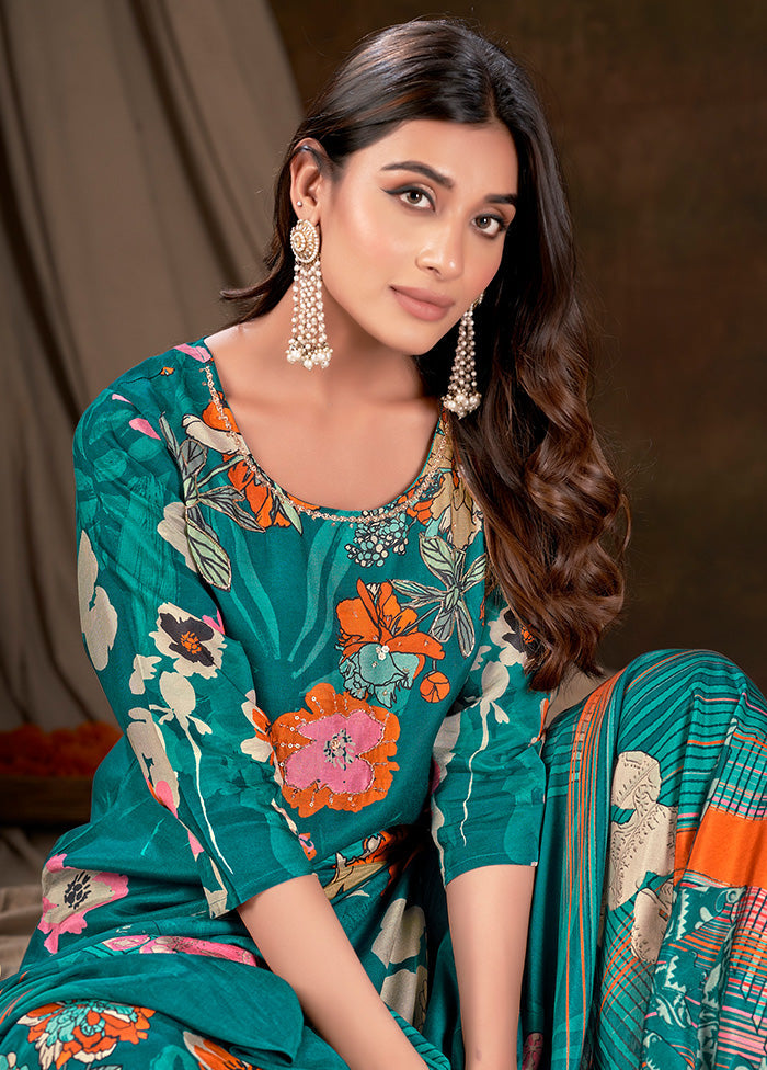 3 Pc Blue Readymade Silk Suit Set - Indian Silk House Agencies