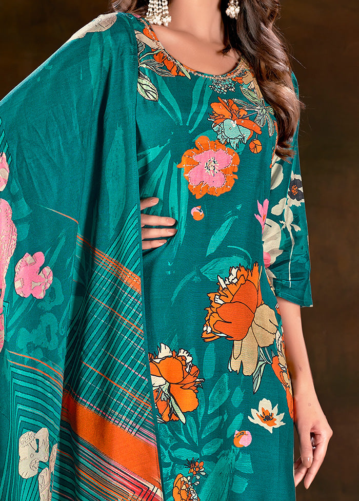 3 Pc Blue Readymade Silk Suit Set - Indian Silk House Agencies