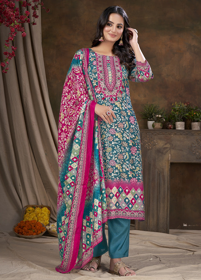 3 Pc Blue Readymade Silk Suit Set