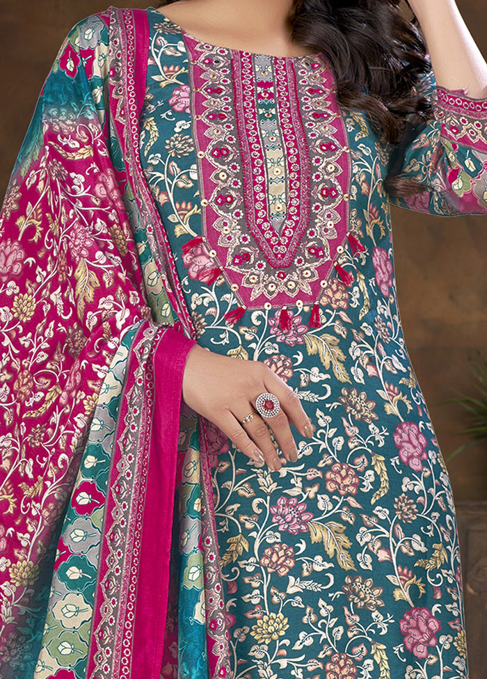 3 Pc Blue Readymade Silk Suit Set - Indian Silk House Agencies