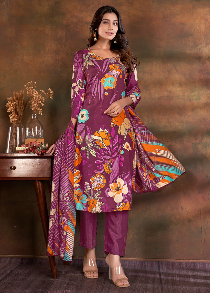 3 Pc Purple Readymade Silk Suit Set - Indian Silk House Agencies