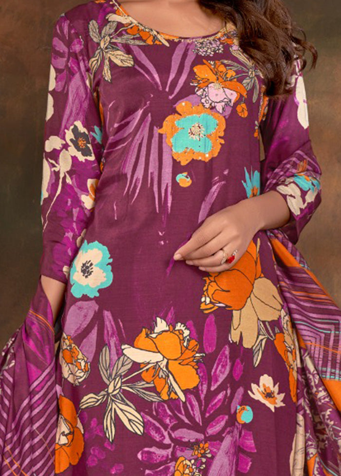 3 Pc Purple Readymade Silk Suit Set - Indian Silk House Agencies