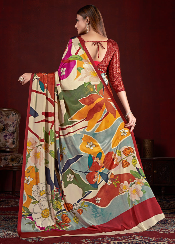 Cream Dupion Silk Saree With Blouse Piece - Indian Silk House Agencies