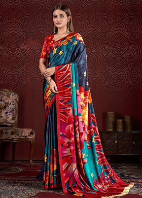 Blue Dupion Silk Saree With Blouse Piece - Indian Silk House Agencies