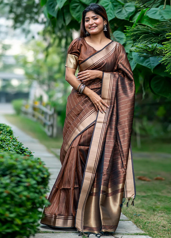 Brown Dupion Silk Saree With Blouse Piece