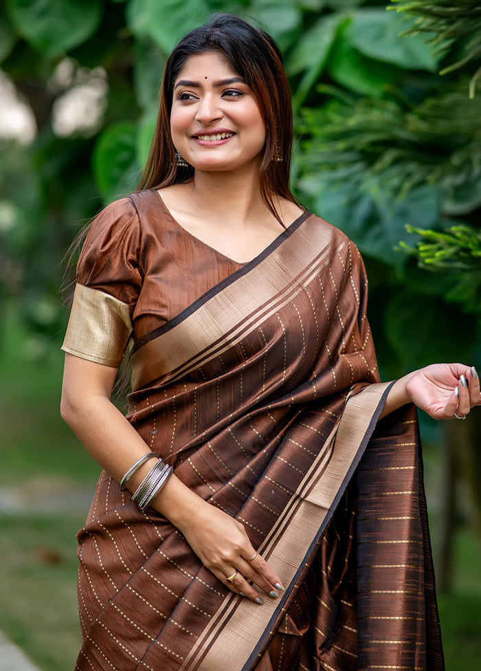 Brown Dupion Silk Saree With Blouse Piece