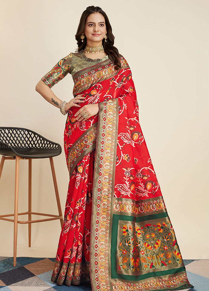 Red Dupion Silk Saree With Blouse Piece