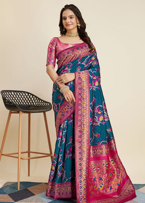 Teal Blue Dupion Silk Saree With Blouse Piece