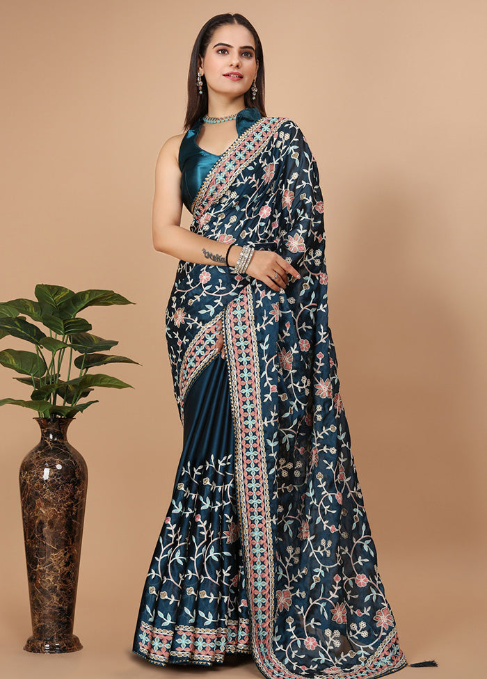 Blue Dupion Silk Saree With Blouse Piece