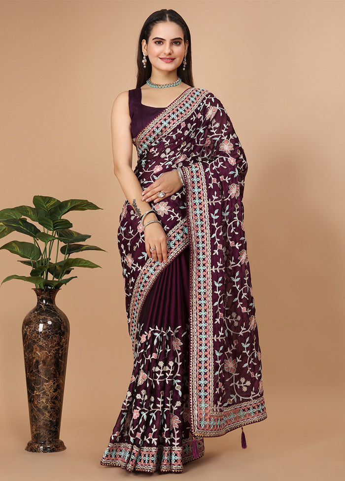 Wine Dupion Silk Saree With Blouse Piece