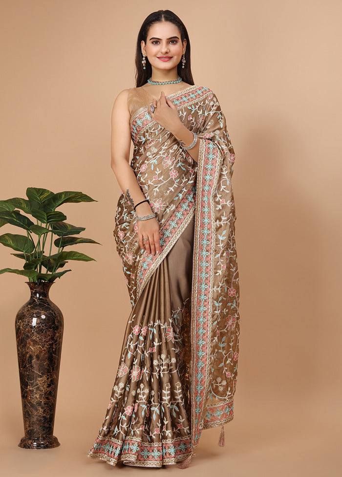 Beige Dupion Silk Saree With Blouse Piece