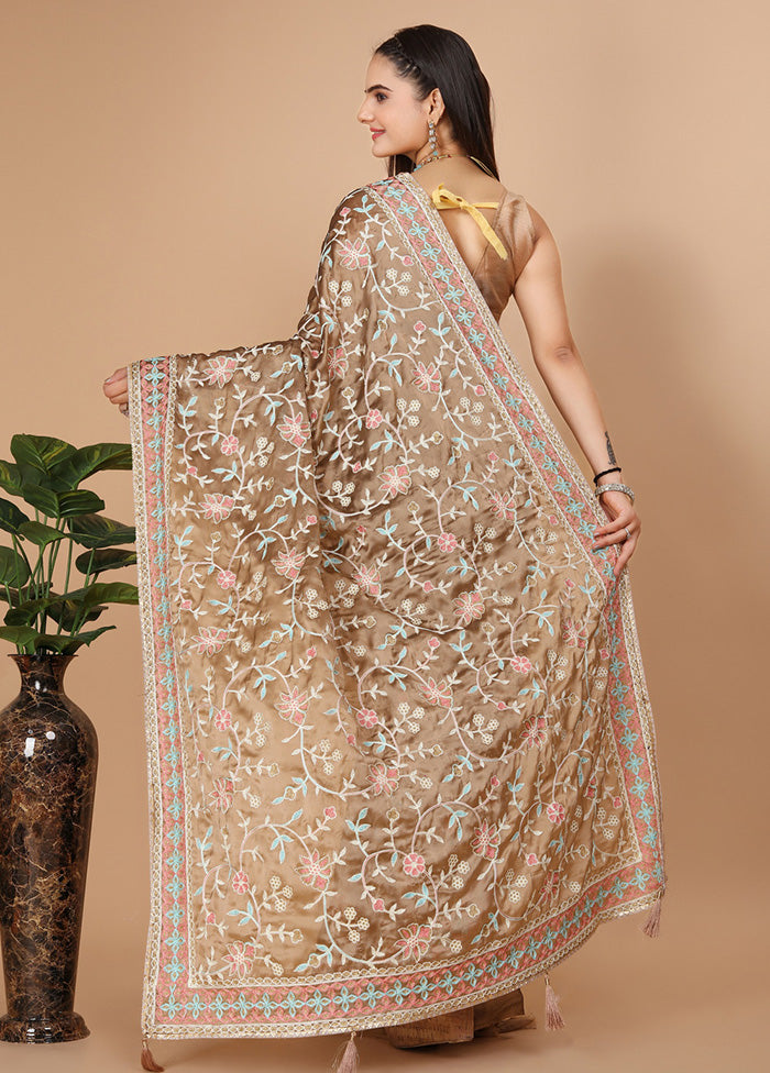 Beige Dupion Silk Saree With Blouse Piece