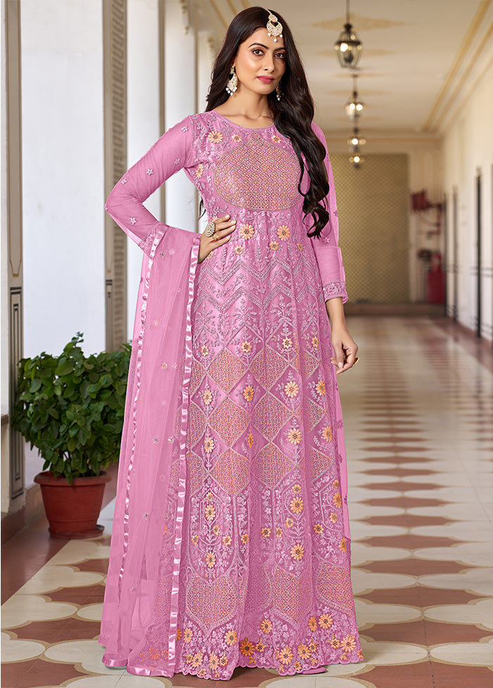 3 Pc Pink Semi Stitched Net Suit Set