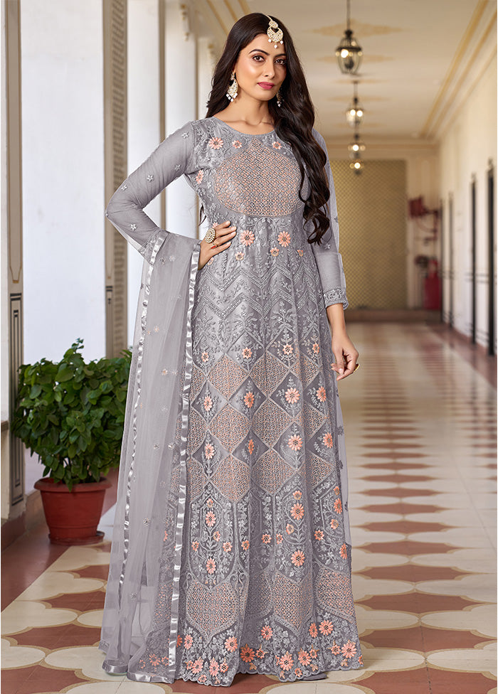 3 Pc Grey Semi Stitched Net Suit Set - Indian Silk House Agencies