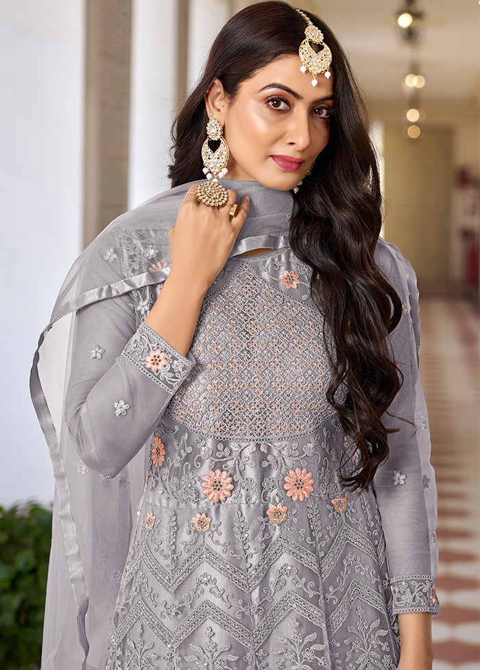 3 Pc Grey Semi Stitched Net Suit Set - Indian Silk House Agencies