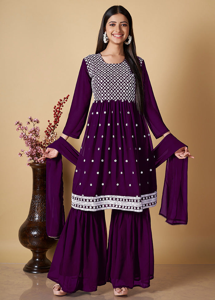 3 Pc Purple Readymade Georgette Suit Set