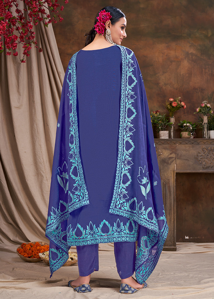 3 Pc Blue Readymade Viscose Suit Set - Indian Silk House Agencies