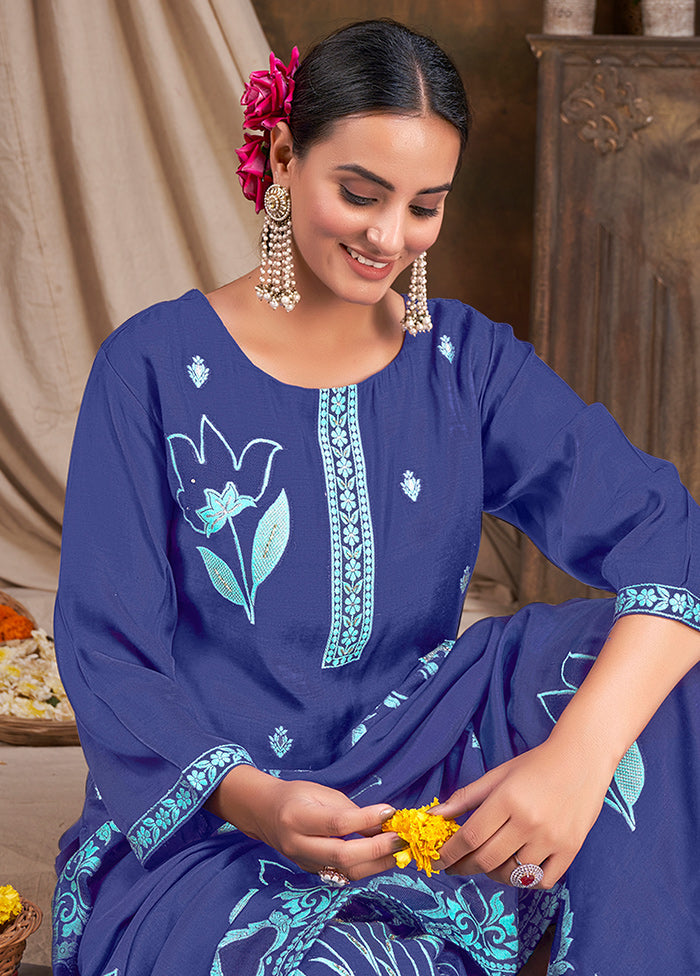 3 Pc Blue Readymade Viscose Suit Set - Indian Silk House Agencies