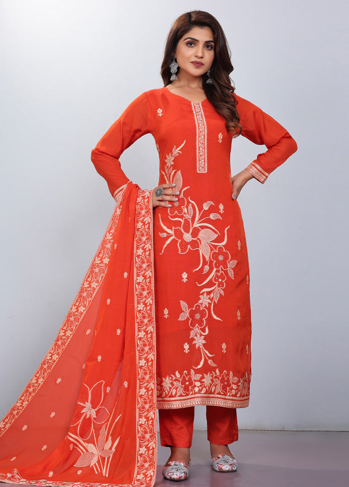 3 Pc Orange Readymade Viscose Suit Set