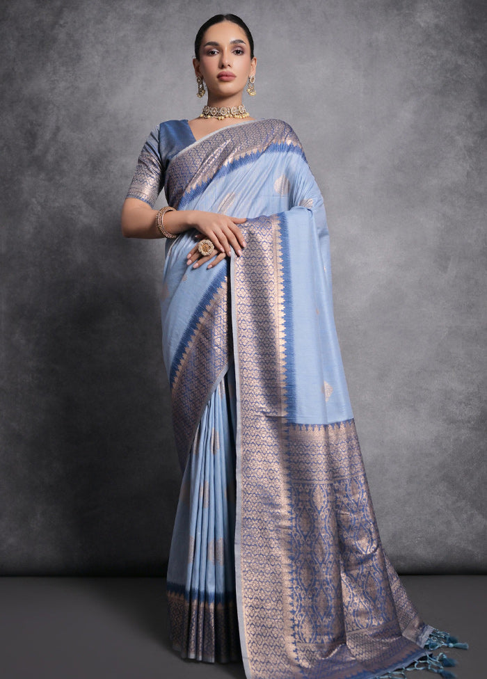 Blue Dupion Silk Saree With Blouse Piece