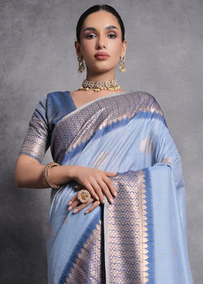 Blue Dupion Silk Saree With Blouse Piece