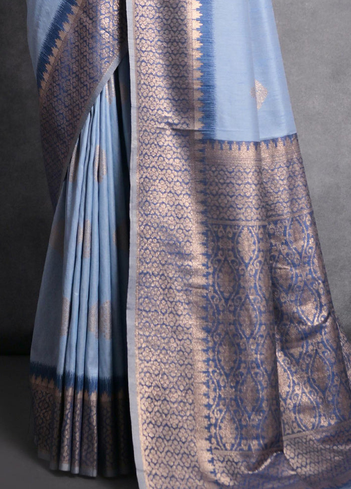 Blue Dupion Silk Saree With Blouse Piece