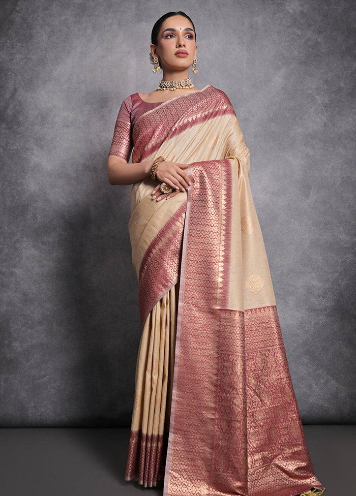 Beige Dupion Silk Saree With Blouse Piece