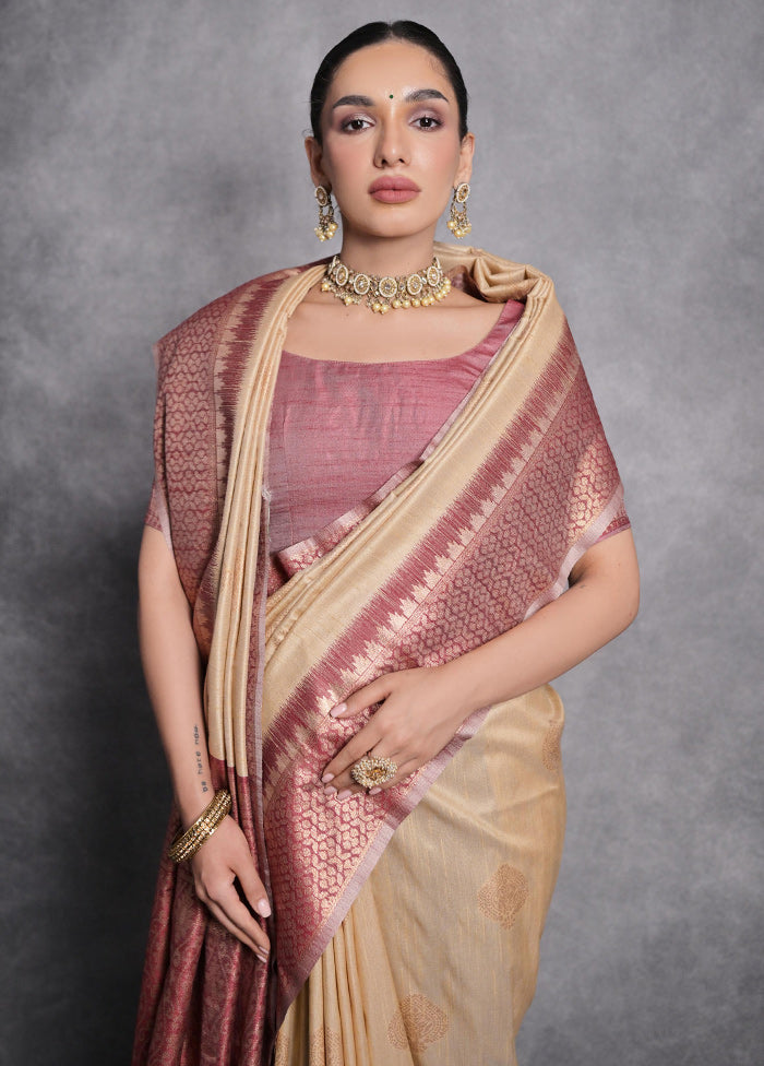 Beige Dupion Silk Saree With Blouse Piece