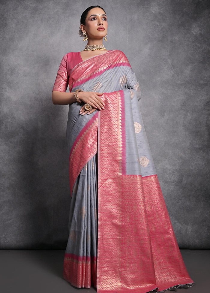 Grey Dupion Silk Saree With Blouse Piece